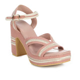 Pink heel with woven white straps front view