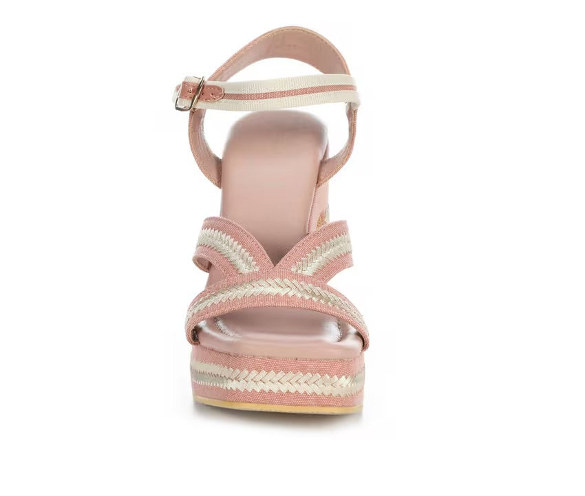 Pink heel with woven white straps toe box
