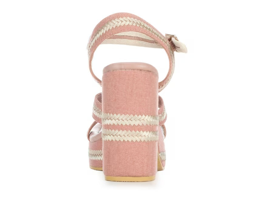 Pink heel with woven white straps heel view