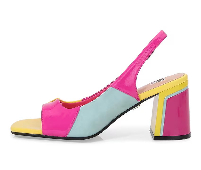Pink blue and yellow block heel inside view