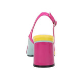 Pink blue and yellow block heel heel view