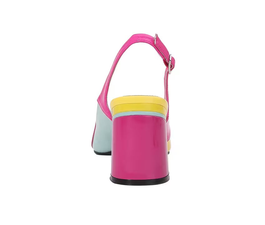 Pink blue and yellow block heel heel view