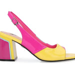 Pink blue and yellow block heel close-up