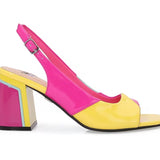Pink blue and yellow block heel close-up