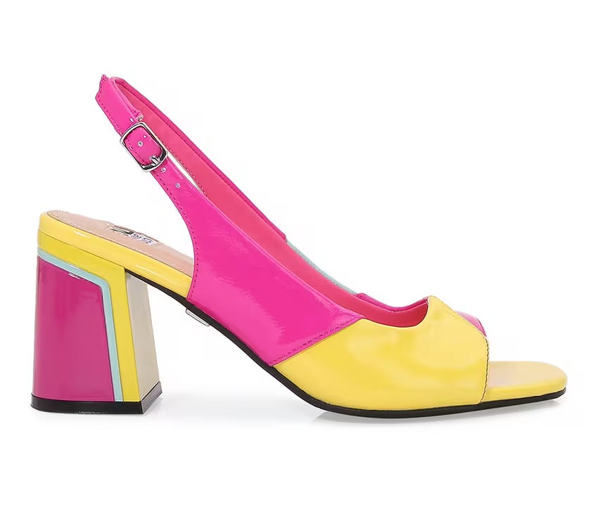 Pink blue and yellow block heel close-up