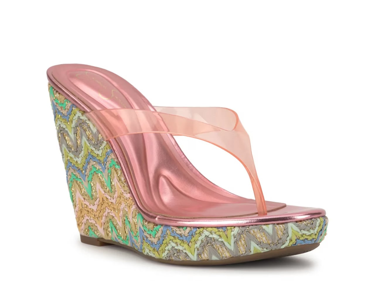 Raffi wedge sandal with colorful zigzag pattern side profile