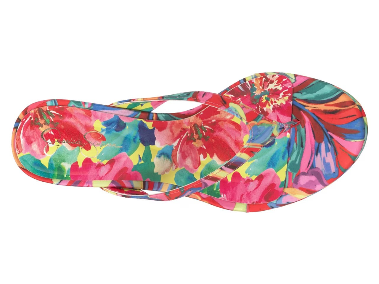 Colorful wedge sandal with a vibrant paint inspired floral pattern top view
