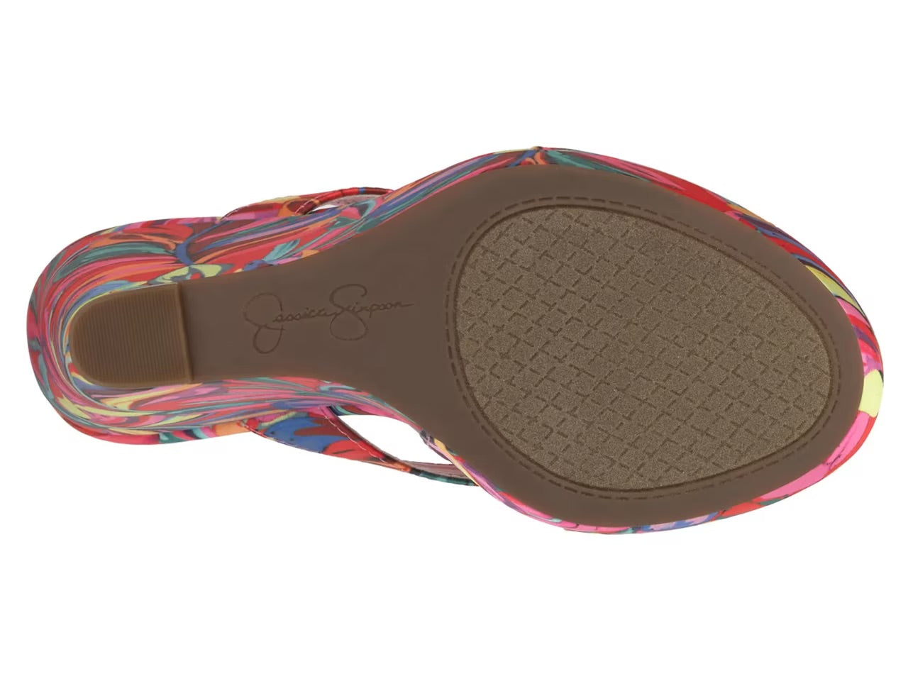 Colorful wedge sandal with a vibrant paint inspired floral pattern bottom