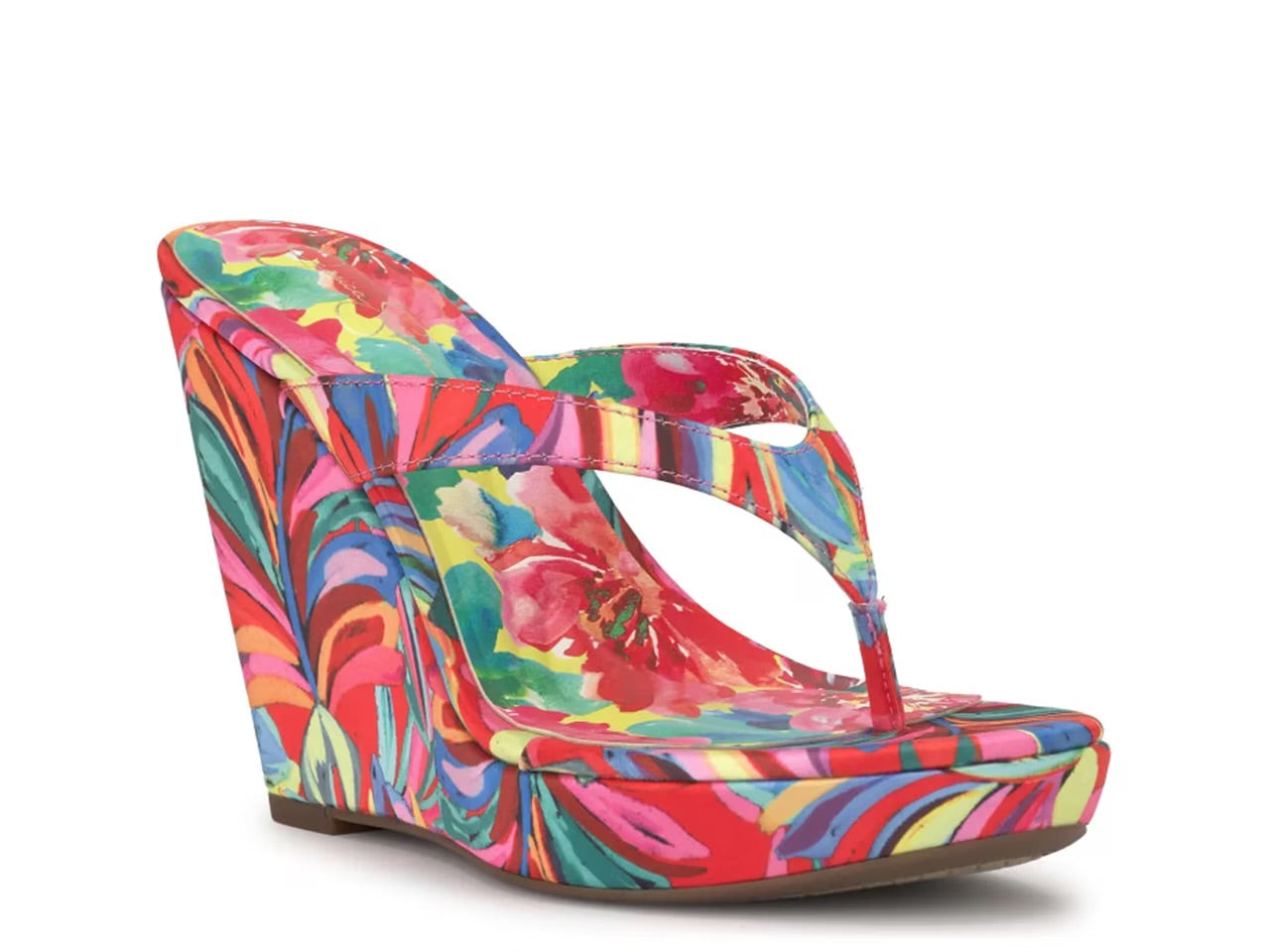 Colorful wedge sandal with a vibrant paint inspired floral pattern side view