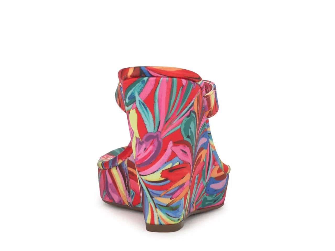 Colorful wedge sandal with a vibrant paint inspired floral pattern from back