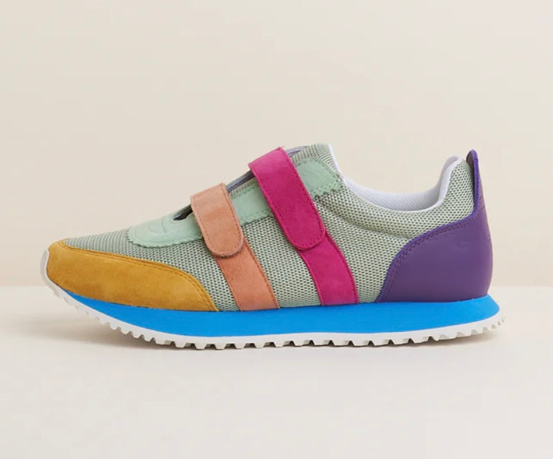 Multicolored velcro sneaker with orange sole alt view