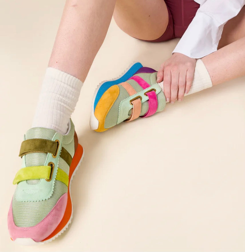 Multicolored velcro sneaker with orange sole pair