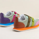 Multicolored velcro sneaker with orange sole heel view