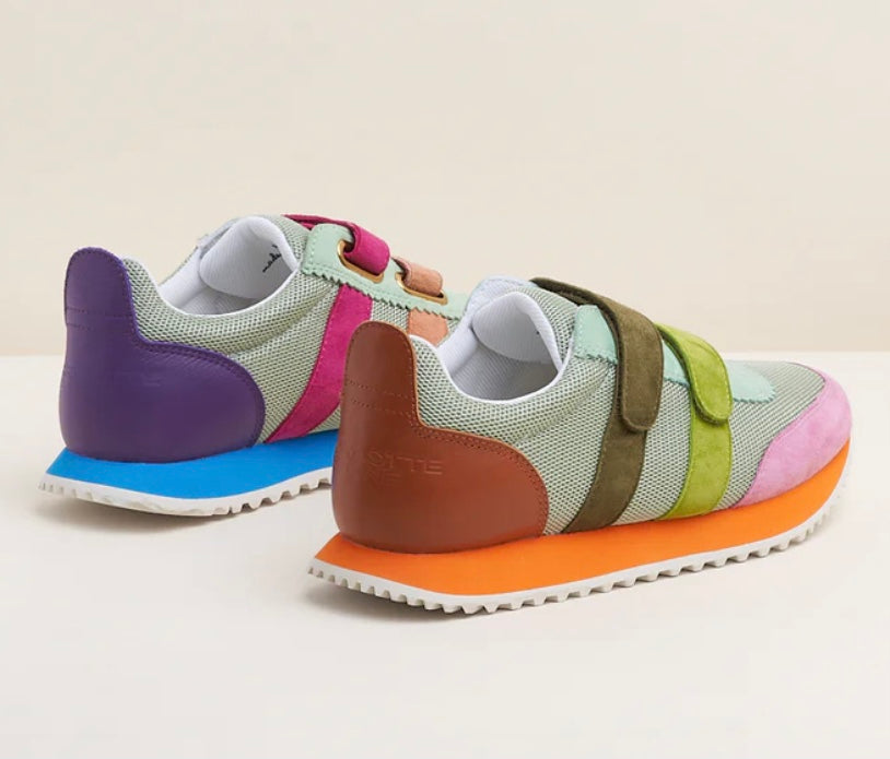 Multicolored velcro sneaker with orange sole heel view