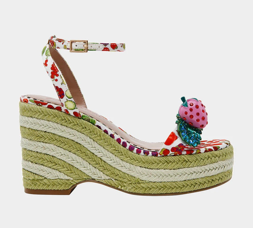 Colorful raffi green striped wedge sandal with with fruit strap and strawberry embellishment close up
