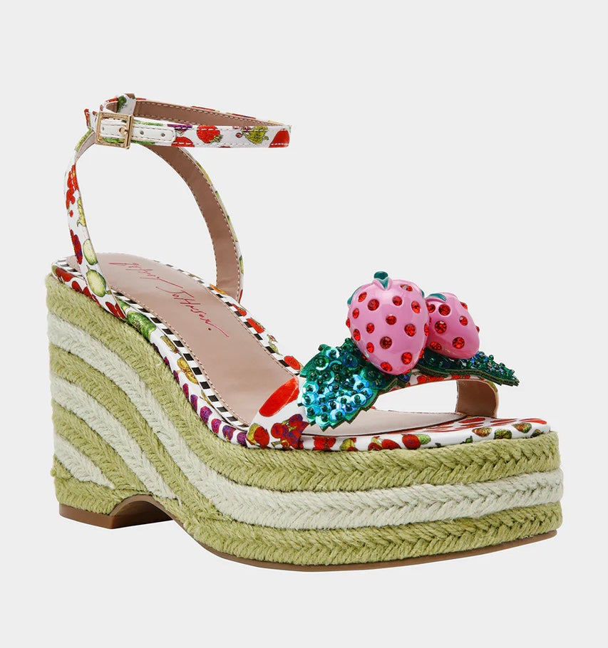 Colorful raffi green striped wedge sandal with with fruit strap and strawberry embellishment from side