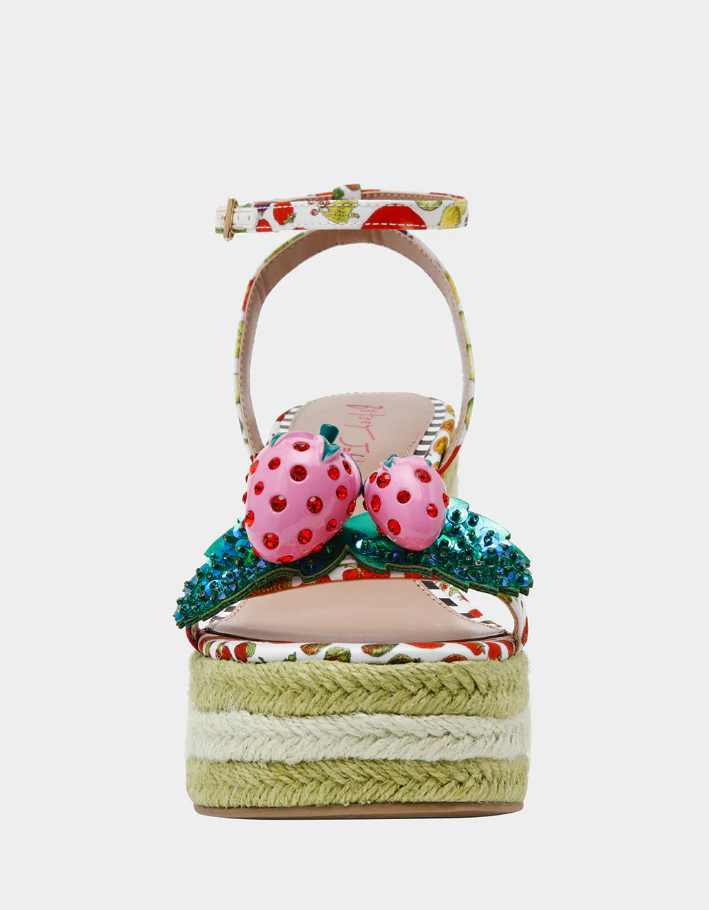 Colorful raffi green striped wedge sandal with with fruit strap and strawberry embellishment from front