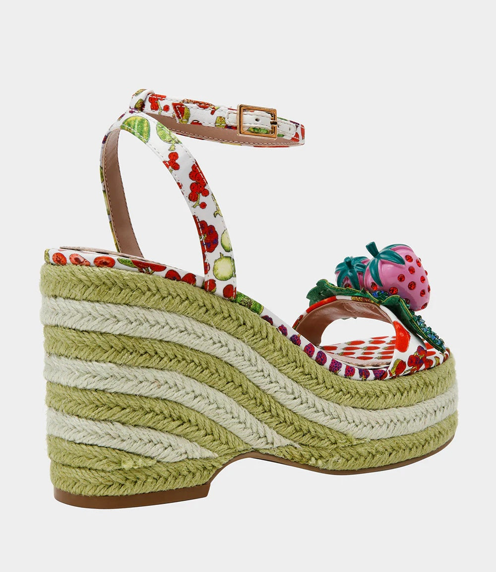Colorful raffi green striped wedge sandal with with fruit strap and strawberry embellishment from back side