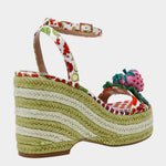 Colorful raffi green striped wedge sandal with with fruit strap and strawberry embellishment from back side