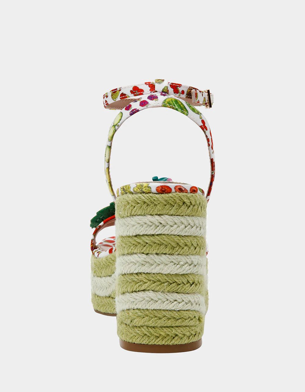 Colorful raffi green striped wedge sandal with with fruit strap and strawberry embellishment from back