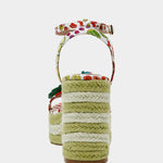 Colorful raffi green striped wedge sandal with with fruit strap and strawberry embellishment from back