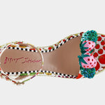 Colorful raffi green striped wedge sandal with with fruit strap and strawberry embellishment from top