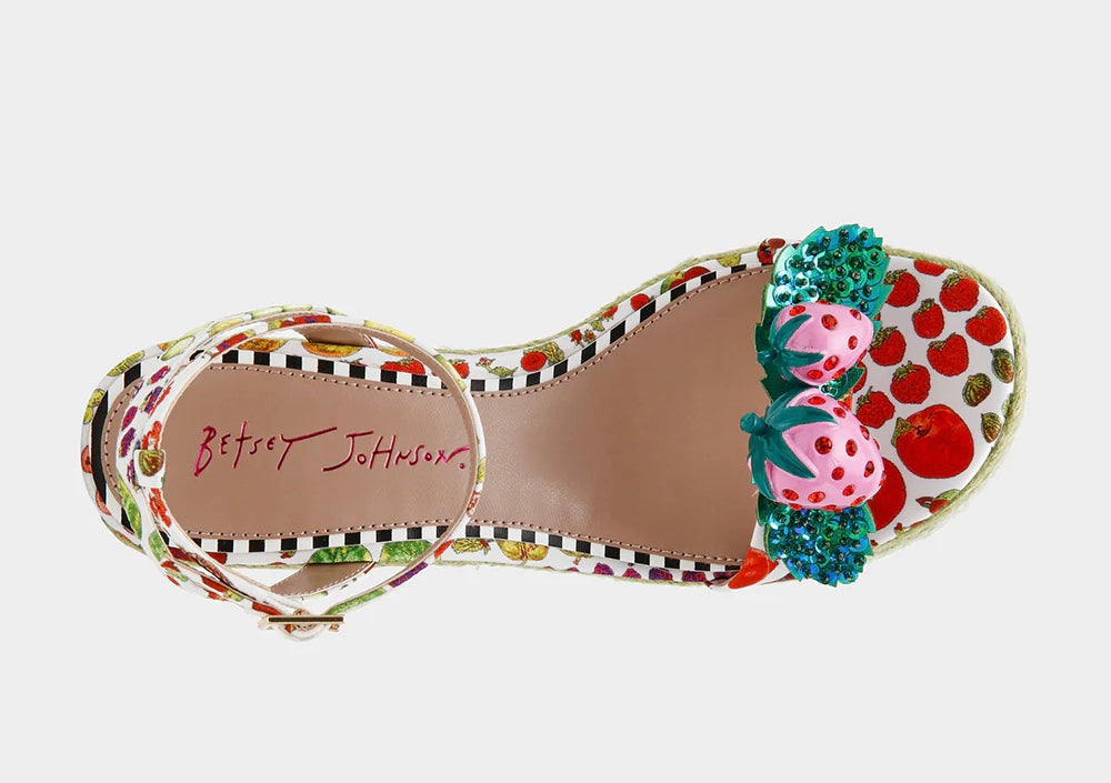 Colorful raffi green striped wedge sandal with with fruit strap and strawberry embellishment from top