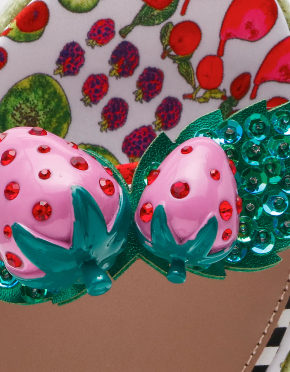 close up of strawberry embellishment on betsey johnson sandal 
