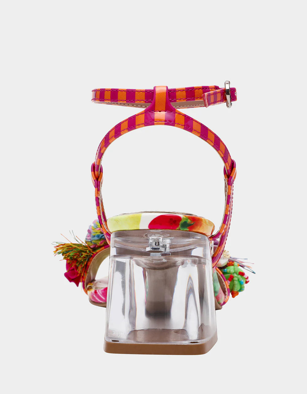 Colorful sandal with floral design, ankle strap, floral applique, and a clear heel from back