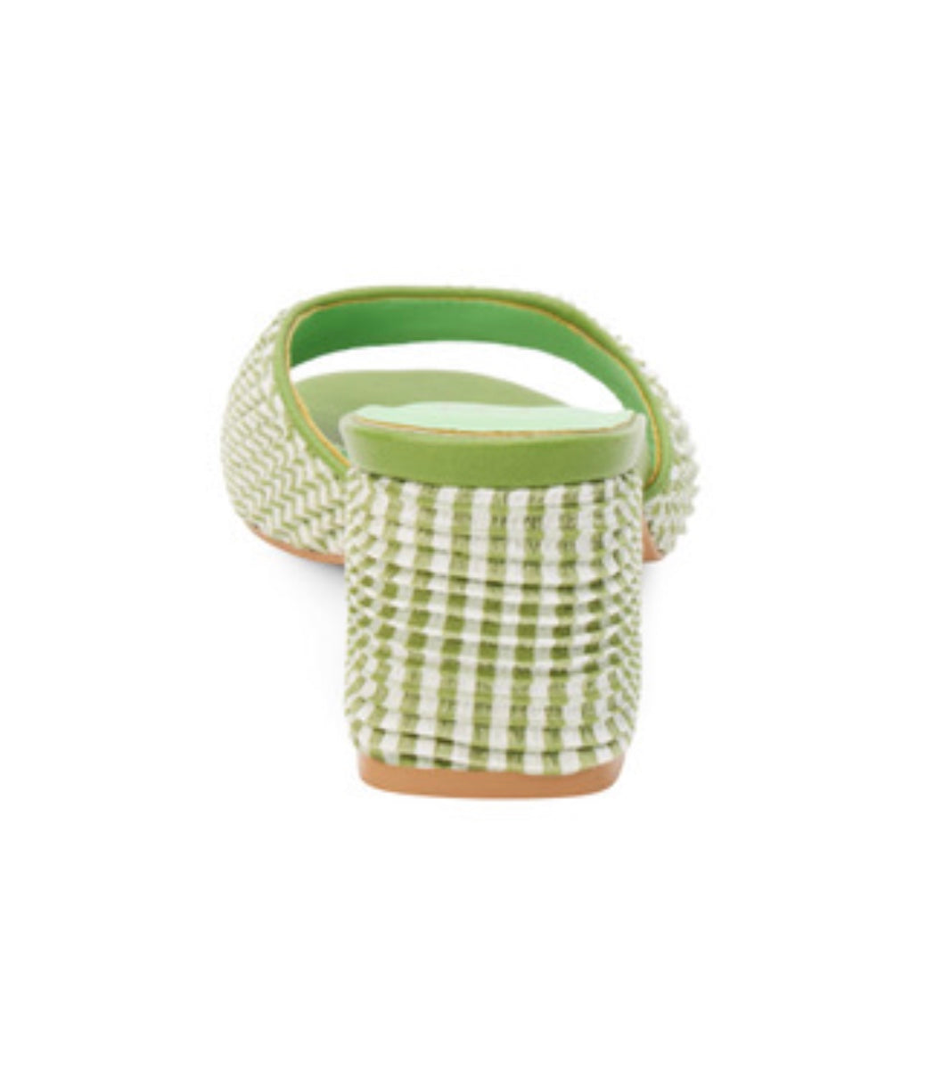 Green woven sandal with a block heel heel