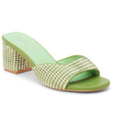 Green woven sandal with a block heel side