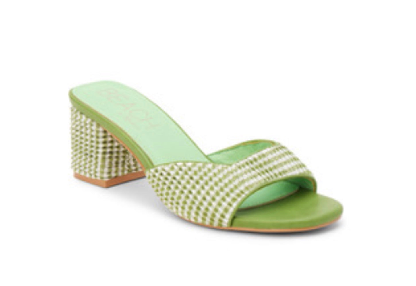 Green woven sandal with a block heel side