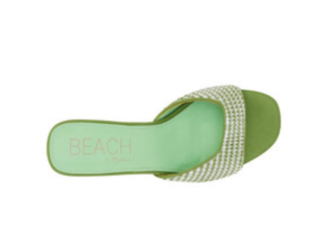 Green woven sandal with a block heel top