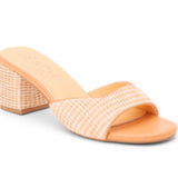 Orange woven sandal with a block heel side