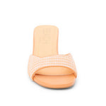 Orange woven sandal with a block heel front