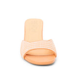 Orange woven sandal with a block heel front