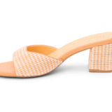 Orange woven sandal with a block heel inside