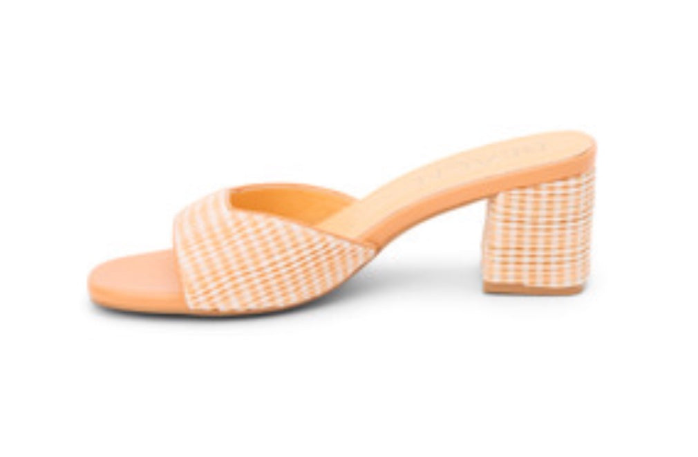 Orange woven sandal with a block heel inside