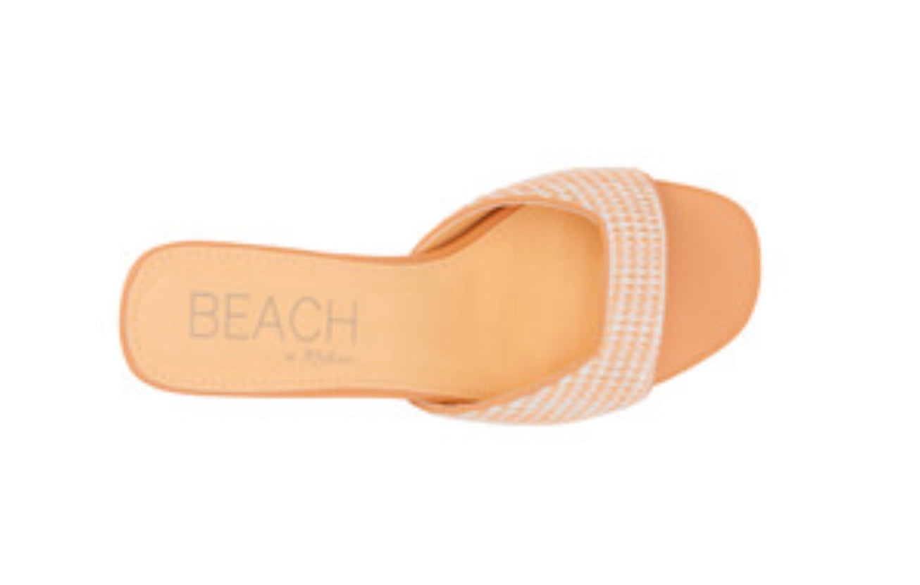 Orange woven sandal with a block heel top