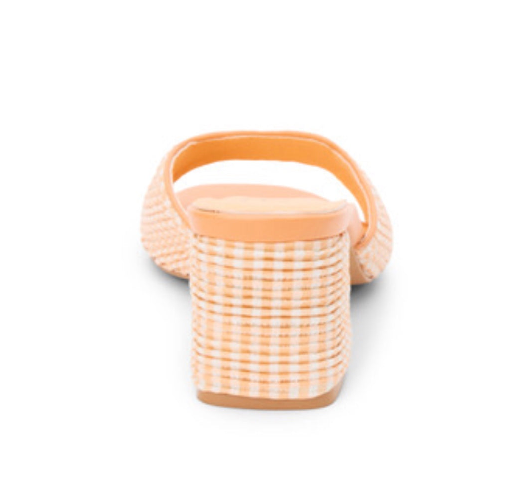Orange woven sandal with a block heel heel