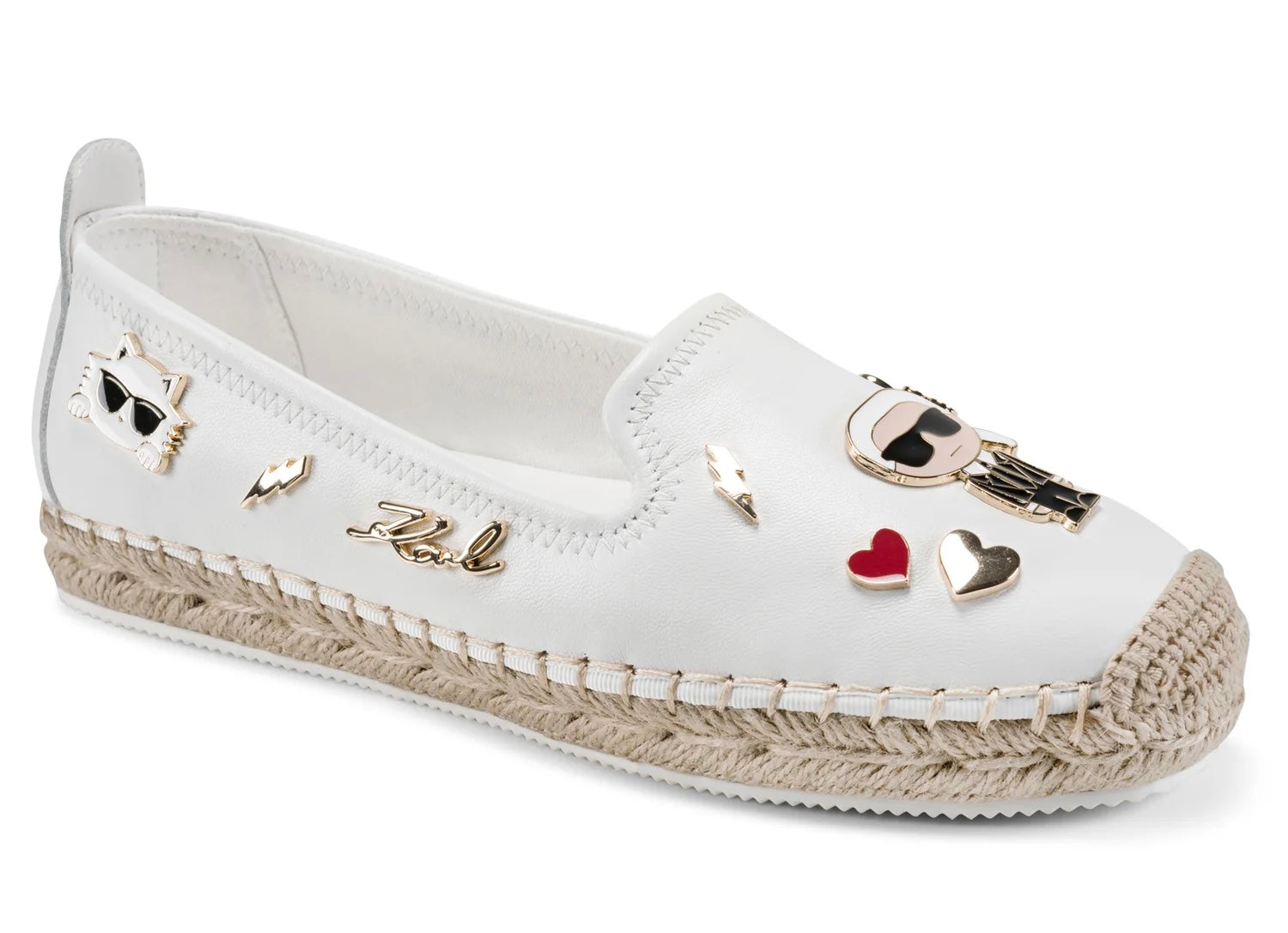 White flat moccasin-styled shoe with decorative elements side