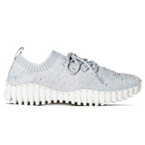 Gray bejeweled sneaker with white sole close-up