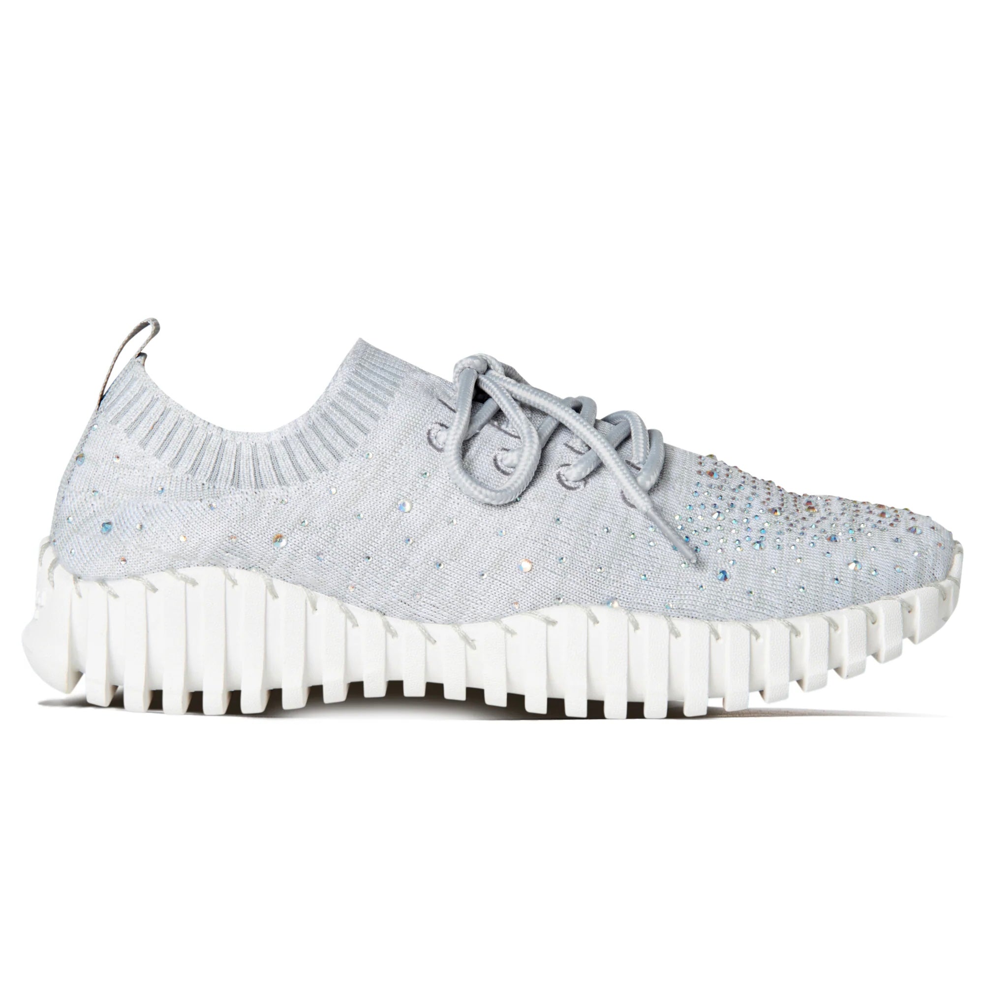 Gray bejeweled sneaker with white sole close-up