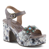 High-heeled sandal with floral pattern and decorative flower side