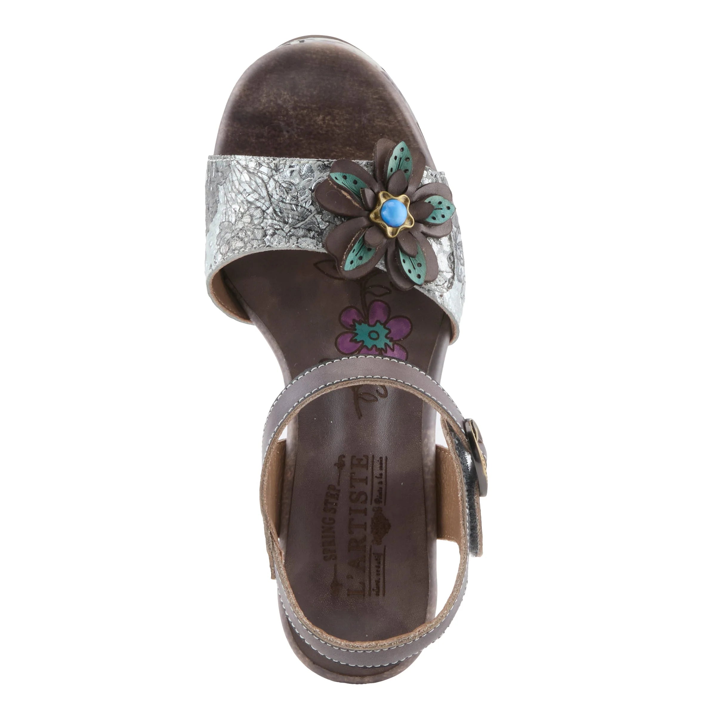 High-heeled sandal with floral pattern and decorative flower top