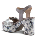 High-heeled sandal with floral pattern and decorative flower heel