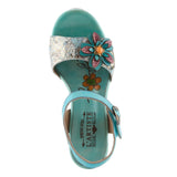 Colorful turquoise high-heeled shoe with floral pattern top