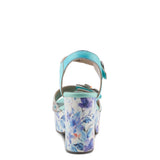 Colorful turquoise high-heeled shoe with floral pattern heel