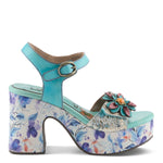 Colorful turquoise high-heeled shoe with floral pattern close-up