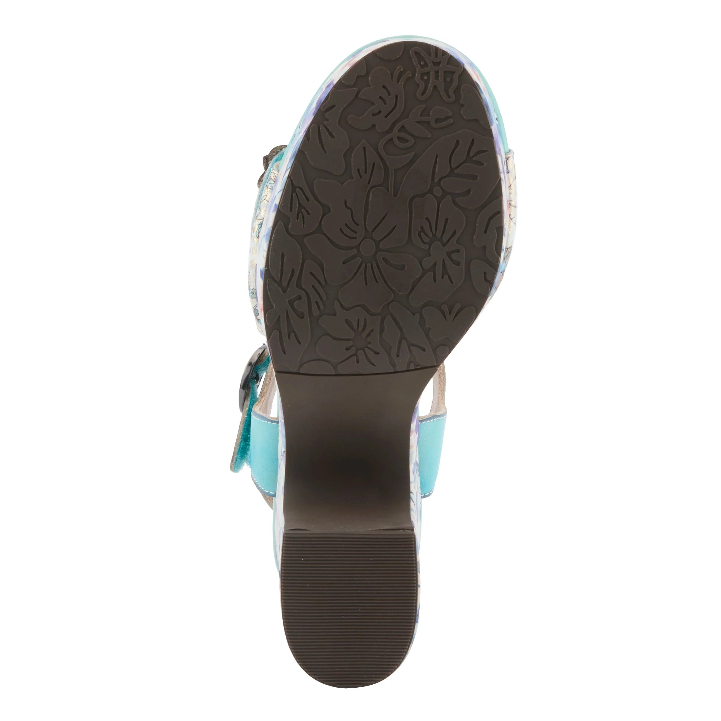 Colorful turquoise high-heeled shoe with floral pattern sole